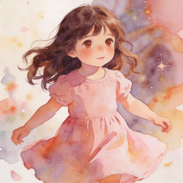 A sample watercolour storybook illustration of a girl twirling in a pink dress, in the style used for printed keepsakes